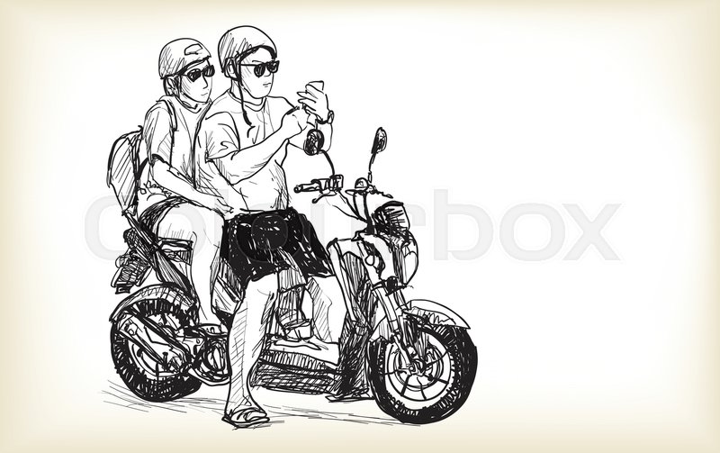 800x503 Sketch Of Touring Motorbike In City, Look A Map On Mobile Phone - Motorbike Sketch