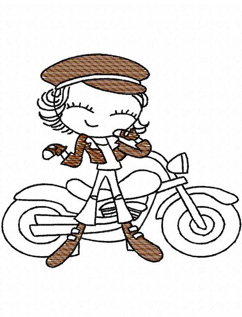 489x640 Swirly Girl With Motorcycle 1 Sketch Embroidery Design - Motorcycle Sketch