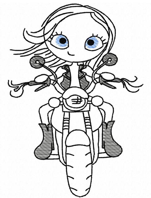 489x640 Swirly Girl With Motorcycle 2 Sketch Embroidery Design - Motorcycle Sketch
