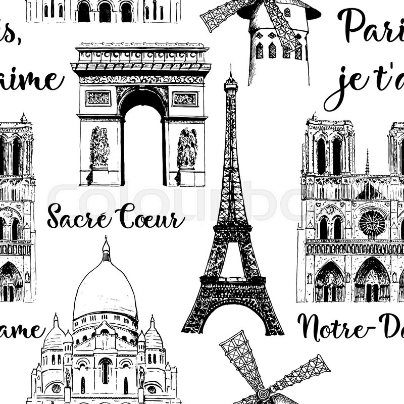 800x800 Set Of Paris Symbols. Eiffel Tower, Notre Dame, Arc De Triomphe - Moulin Rouge Sketch