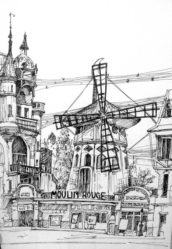 570x824 Blackwhite Pen Drawing Print With Frame Moulin Rouge Etsy - Moulin Rouge Sketch