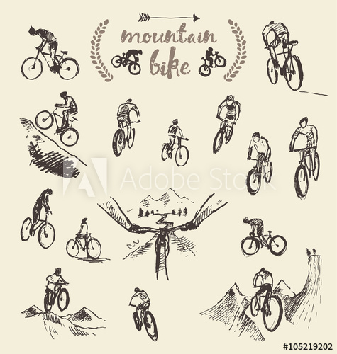 475x500 Set Hand Drawn Mountain Bike Cyclist Vector Sketch - Mountain Bike Sketch