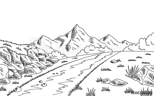500x313 Mountain Road Graphic Black White Landscape Sketch Illustration - Mountain Black And White Sketch