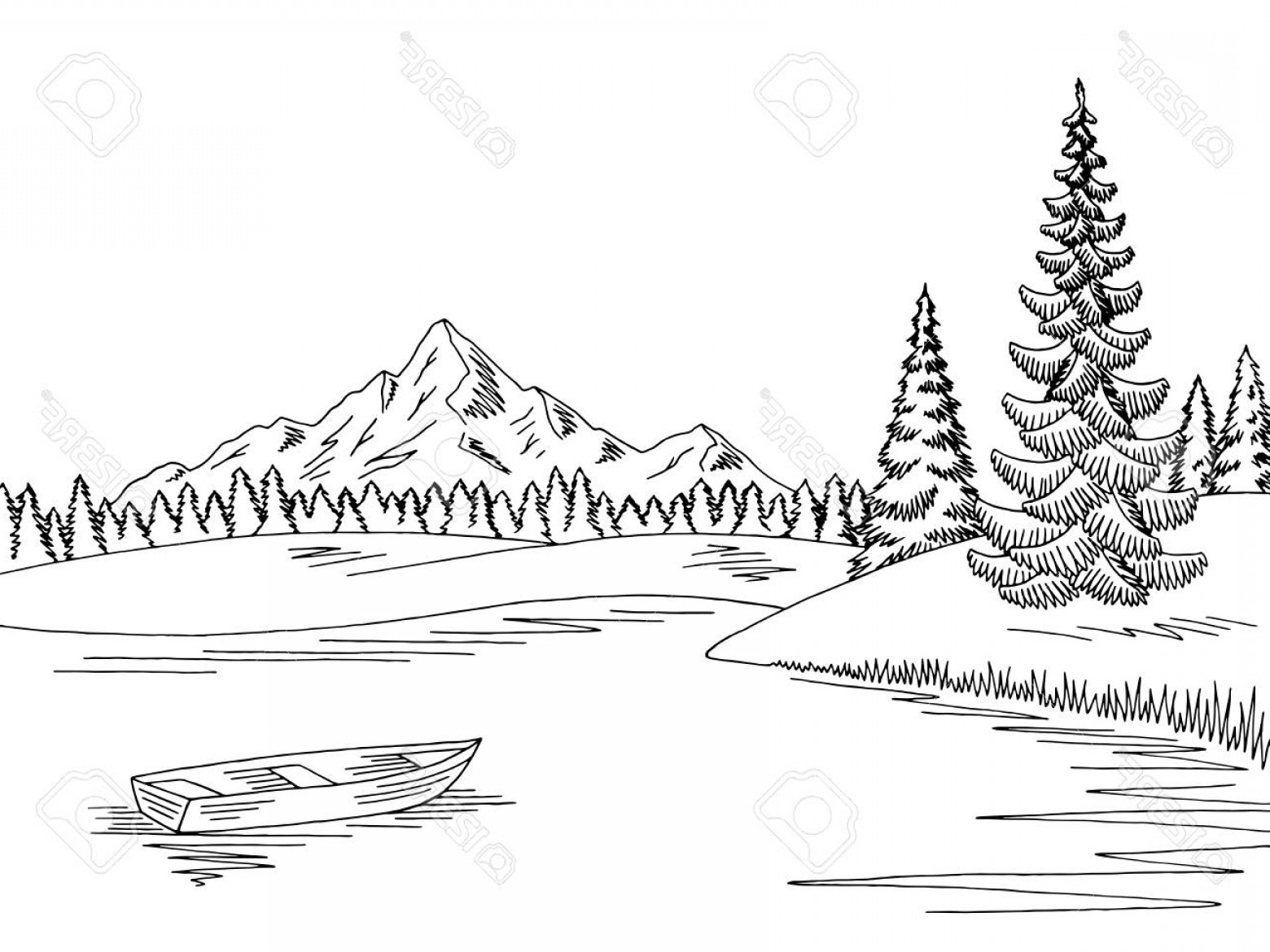 1560x1170 Photostock Vector Mountain Lake Graphic Black White Landscape - Mountain Black And White Sketch