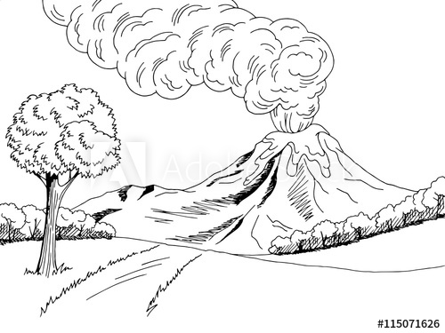 500x375 Volcano Mountain Hill Road Graphic Art Black White Sketch - Mountain Black And White Sketch