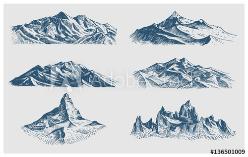 500x318 Big Set Of Mountains Peaks, Vintage, Old Looking Hand Drawn - Mountain Climbing Sketch