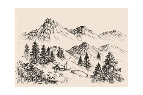 473x315 Mountains Landscape And A Sheepfold Farm Sketch Print By Danussa - Mountain Landscape Sketch