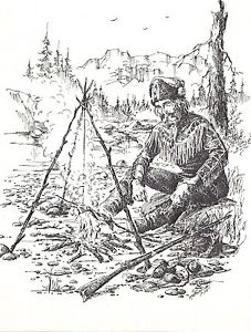 227x300 Western Mountain Man Campsite Cooking Black Ink Drawing Art Work - Mountain Man Sketch