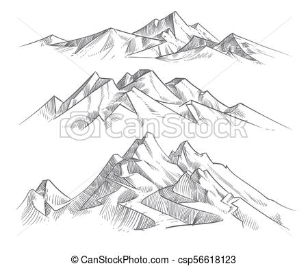 450x388 Hand Drawing Mountain Ranges In Engraving Style. Vintage Mountains - Mountain Peak Sketch