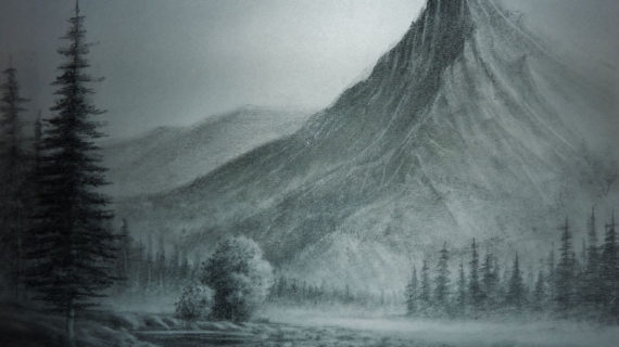 570x320 Mountain Pencil Sketch Landscape Pencil Drawings, Trees,buildings - Mountain Pencil Sketch