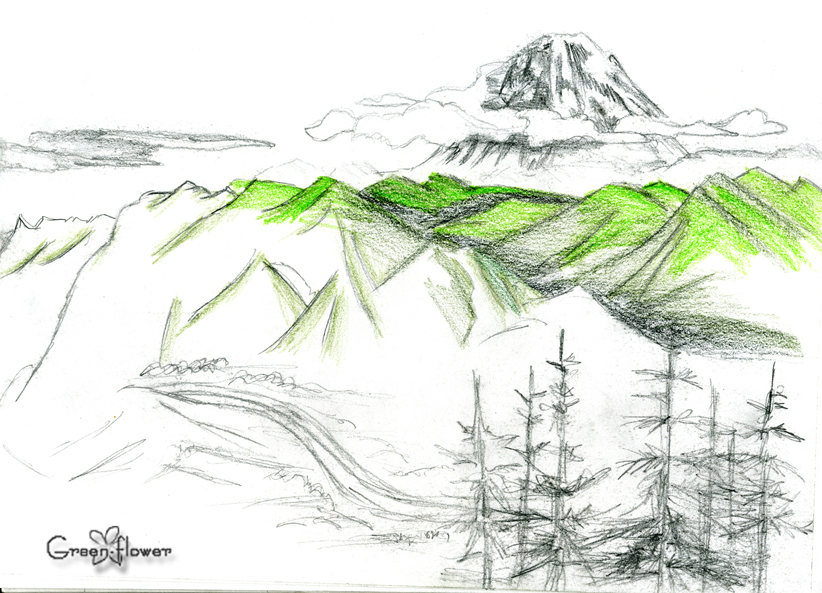 822x593 Mountain Scenery Sketch By Green Flower , Mountain - Mountain Scenery Sketch