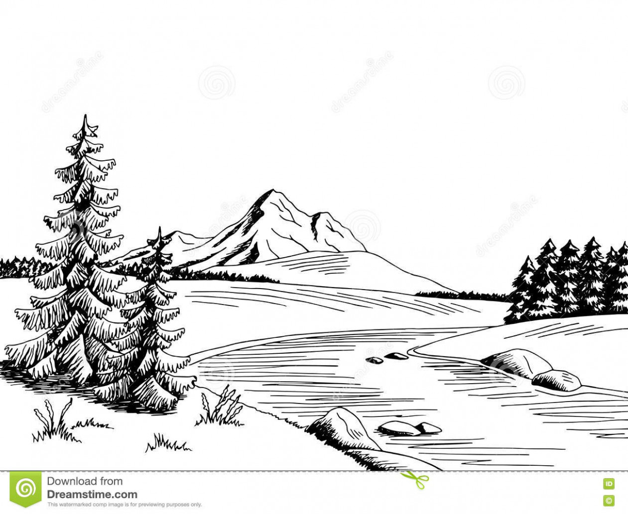 1261x1033 Sketch Black And White Scenery River Landscape Clipart Mountain - Mountain Scenery Sketch