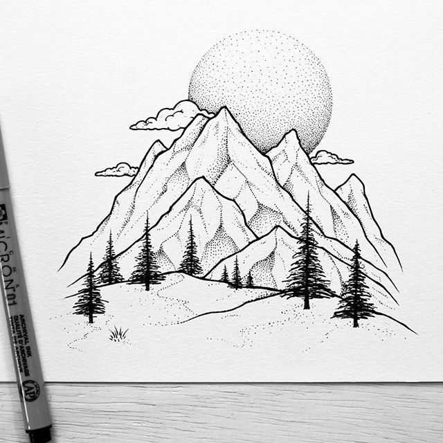 640x640 The Detail Of The Trees And Dot Work On The Mountains And Moon - Mountain Sketch