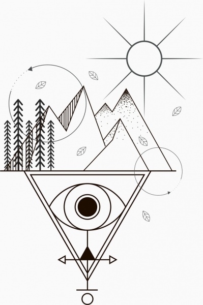 399x600 Tattoo Template Sun Mountain Eye Sketch Tribal Geometry Free - Mountain Sketch Tattoo
