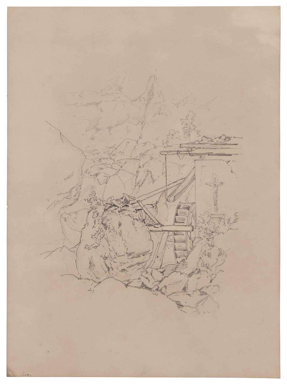 1187x1600 Double Sided Drawing A. (Recto) Sketch Of A Mill With Water Wheel - Mountain Valley Sketch