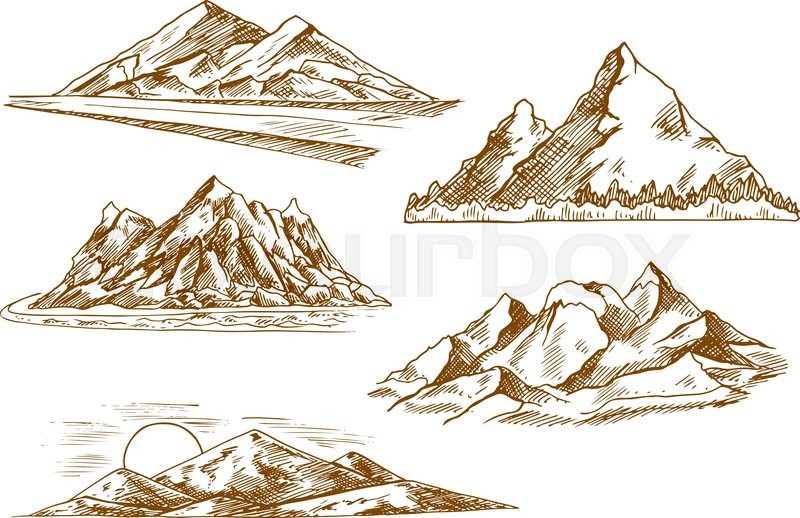 800x518 Beautiful Mountain Landscapes Engraving Sketch Icons With Scenic - Mountain Valley Sketch