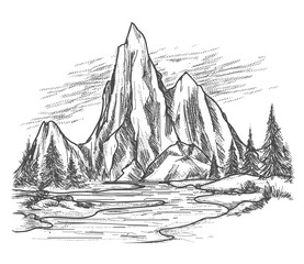 277x240 Nature Mountain View With River And Fir Trees. Hand Drawn Mountain - Mountain View Sketch