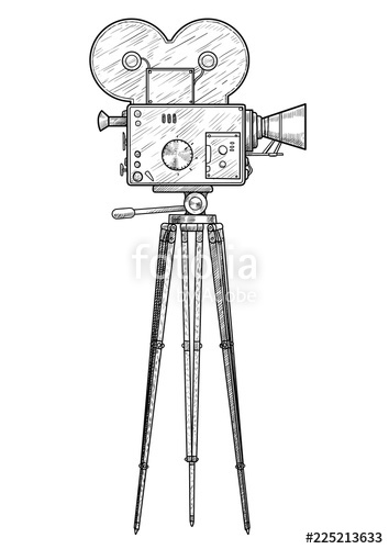 354x500 Movie Camera Illustration, Drawing, Engraving, Ink, Line Art - Movie Camera Sketch