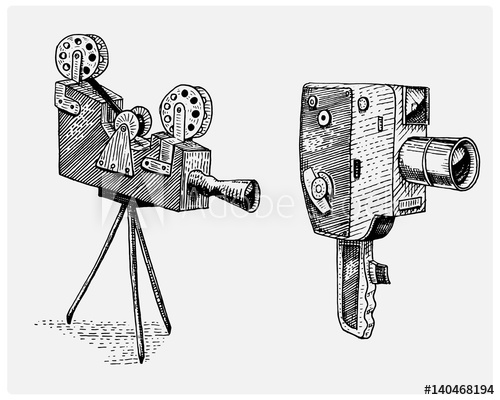 500x400 Photo Movie Or Film Camera Vintage, Engraved, Hand Drawn In Sketch - Movie Camera Sketch