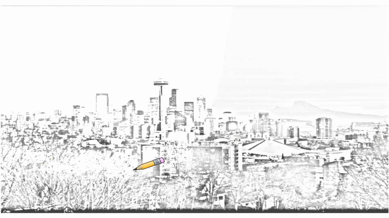1280x720 Auto Draw 2 Downtown Seattle And Mount Rainier At Sunset - Mt Rainier Sketch
