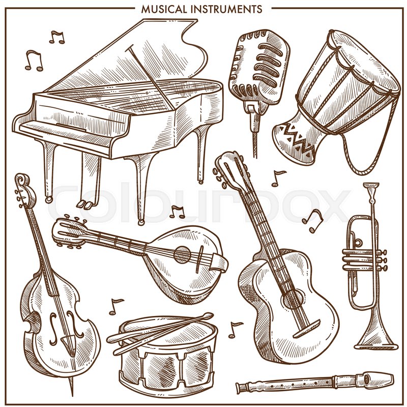 800x800 Musical Instruments Sketch Collection. Vector Isolated Icons Of - Music Sketch