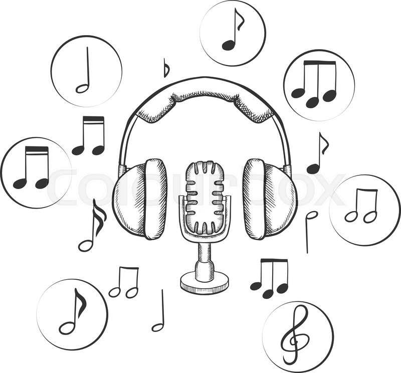 800x744 Music, Sound And Entertainment Sketches With Microphone And - Music Sketches