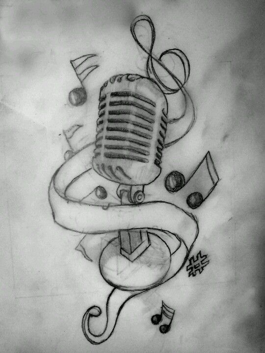 540x720 Old Microphone With Music Notes Drawing In - Music Sketches