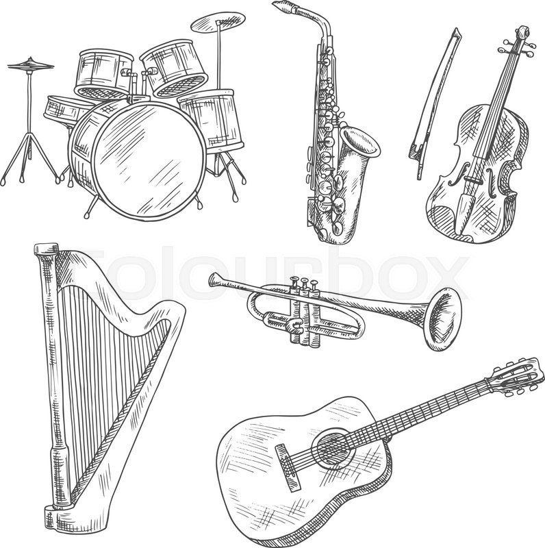 796x800 Saxophone, Violin, Drum Set, Acoustic Guitar, Trumpet And Harp - Music Sketches