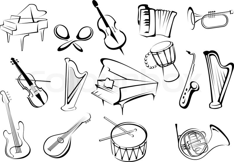 800x555 Large Set Of Musical Instruments Icons In Sketch Style With A - Musical Instruments Sketch