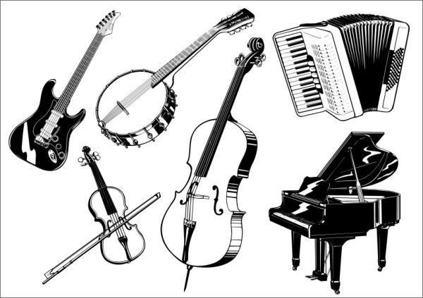 600x423 Music Instruments Icons 3d Black White Sketch Free Vector In - Musical Instruments Sketch