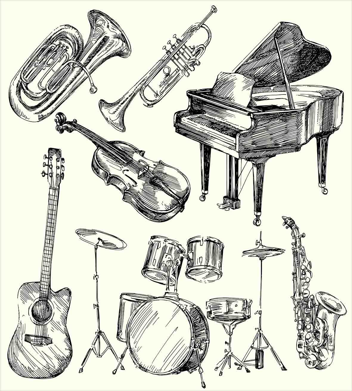 1181x1312 Jazz Music Duvet Cover Set Collection Of Musical Instruments - Musical Instruments Sketch