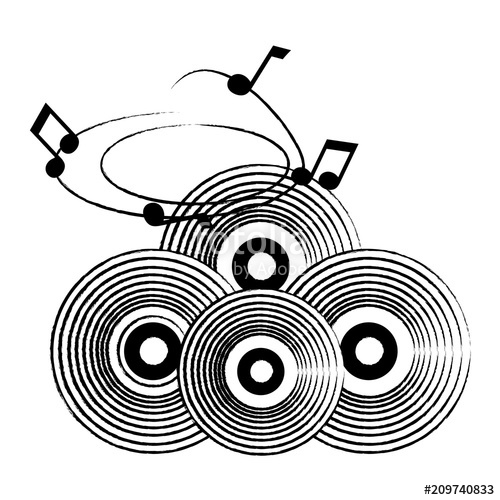 500x500 Sketch Of Vintage Vinyls And Musical Notes Over White Background - Musical Notes Sketch