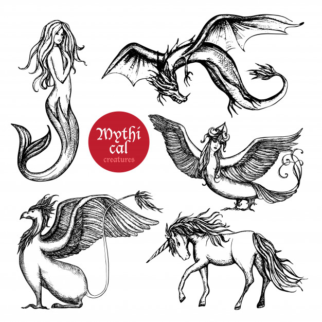 626x626 Mythical Creatures Hand Drawn Sketch Set Vector Free Download - Mythical Creatures Sketches