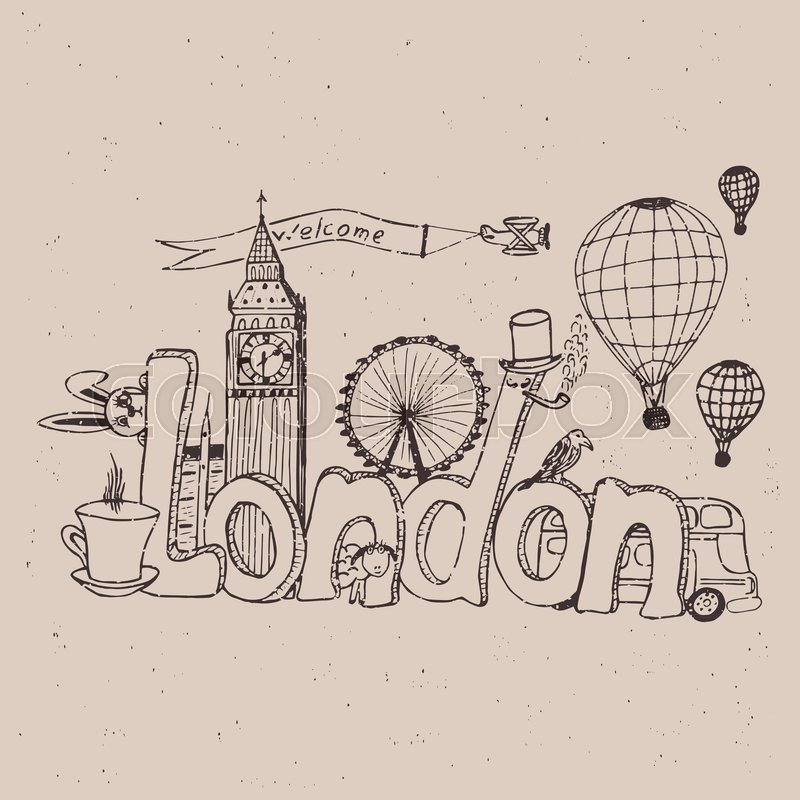 800x800 Freehand Sketch. Name Of London With National Symbols On The - Name Sketch