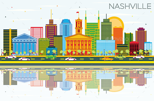 590x386 Nashville Skyline With Color Buildings, Blue Sky And Reflections - Nashville Skyline Sketch