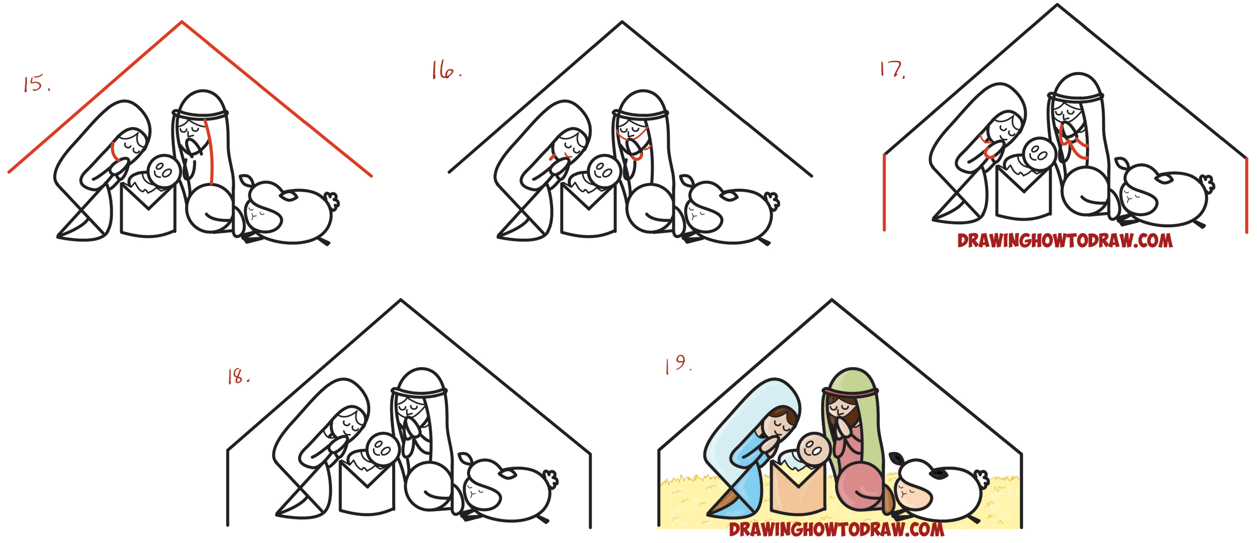 2500x1080 How To Draw Cartoon Nativity Scene With Mary, Jesus, And Joseph In - Nativity Scene Sketch