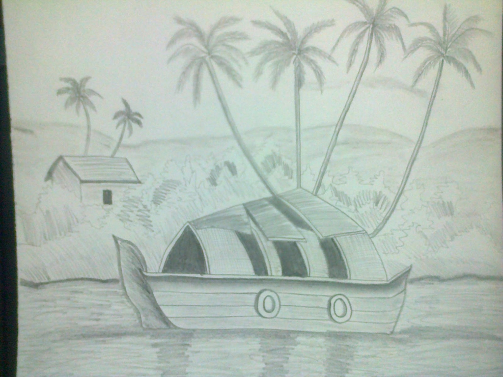 1024x768 Nature Drawing Pencil Sketch Pencil Sketches Nature Scene Nature - Natural Scene Sketch