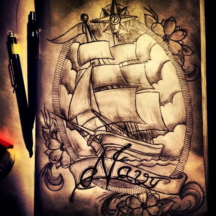 720x720 Nautical Compass Flowers And Pirate Ship Tattoos Sketch Tattoo Ideas - Nautical Compass Sketch