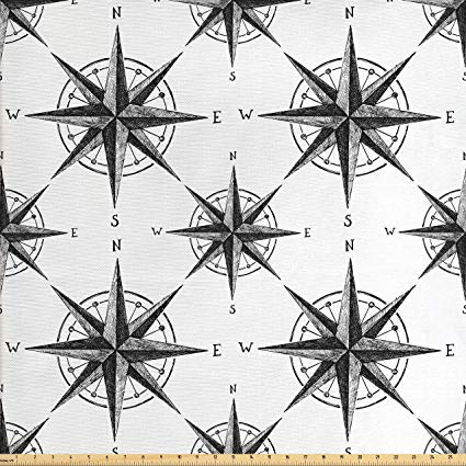 425x425 Ambesonne Compass Fabric By The Yard, Black And White - Nautical Compass Sketch