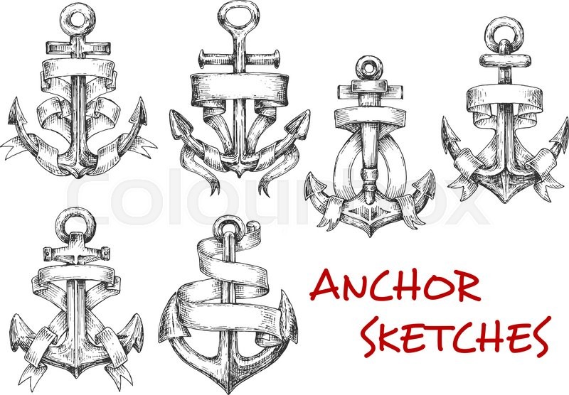 800x556 Old Heraldic Anchors With Wavy Ribbon Banner Or Paper Scroll - Nautical Sketches