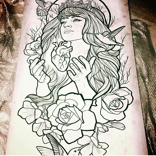 640x640 Sketch For Neo Traditional Lady Tattoo Tattoo Reference - Neo Traditional Sketch