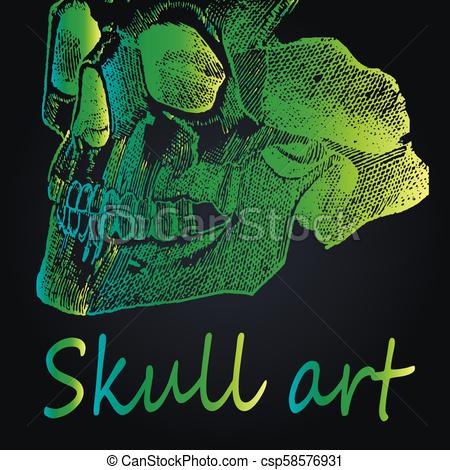 450x470 Neon Detailed Sketch Of A Skull Tattoo, Close Up. Green Neon Skull - Neon Sketch
