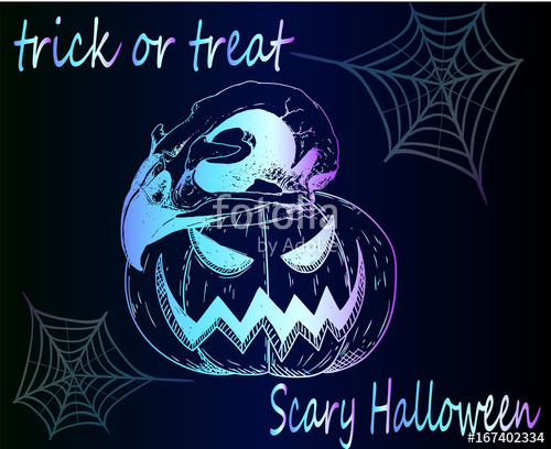 500x408 Scary Pumpkin And The Skull Of A Bird - Neon Sketch