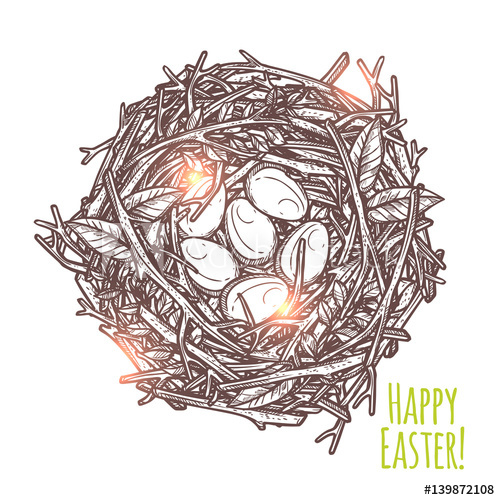 500x500 Hand Drawn Happy Easter Wicker Nest With Eggs. Sketch Monochrome - Nest Sketch