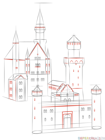 434x575 How To Draw The Neuschwanstein Castle Step By Step Drawing - Neuschwanstein Castle Sketch