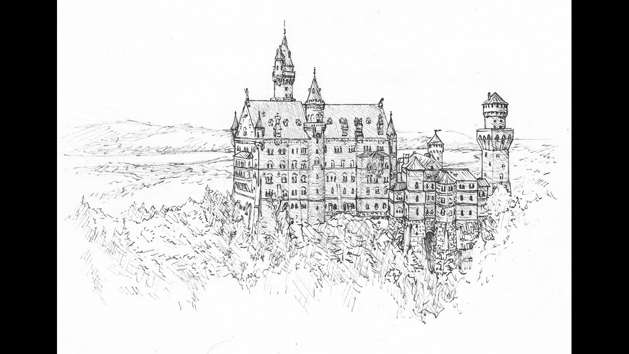 1280x720 Ink Drawing Of Neuschwanstein Castle (Narrated) - Neuschwanstein Castle Sketch