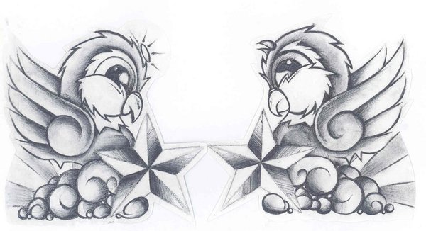 600x326 New School Bird And Stars Tattoo Sketch - New School Sketch