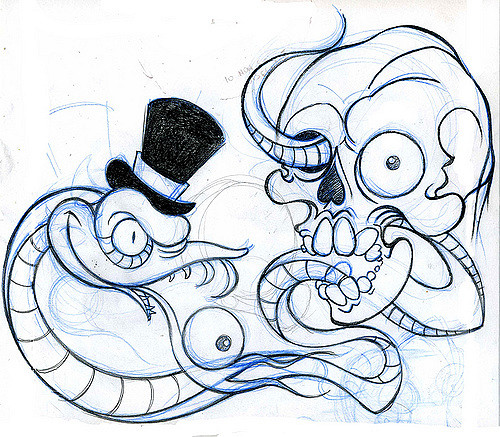 500x437 Newschool Skull And Snake Sketch For New School Tattoo - New School Sketch