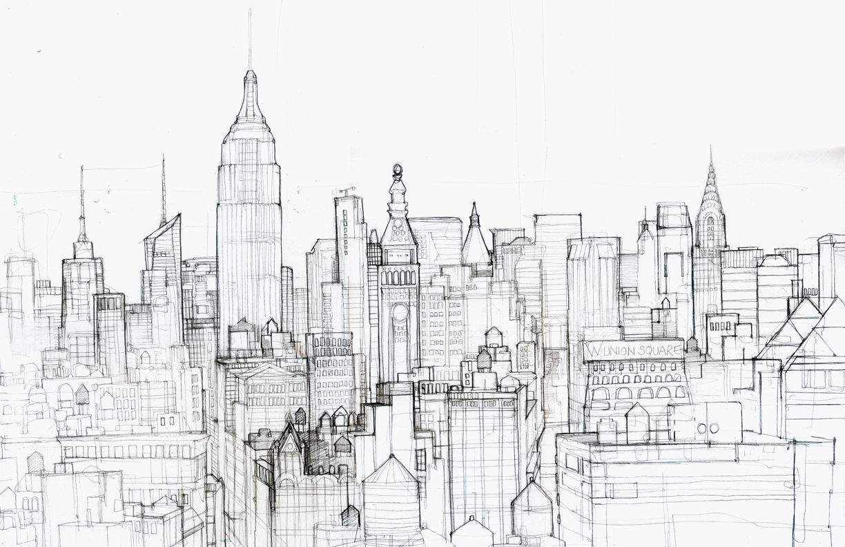 1224x792 New York City Skyline Pencil Drawing Sketch Coloring - New York Sketch