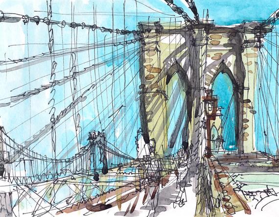 570x443 Brooklyn Bridge New York Sketch Watercolor Sketch In Blue Etsy - New York Sketch